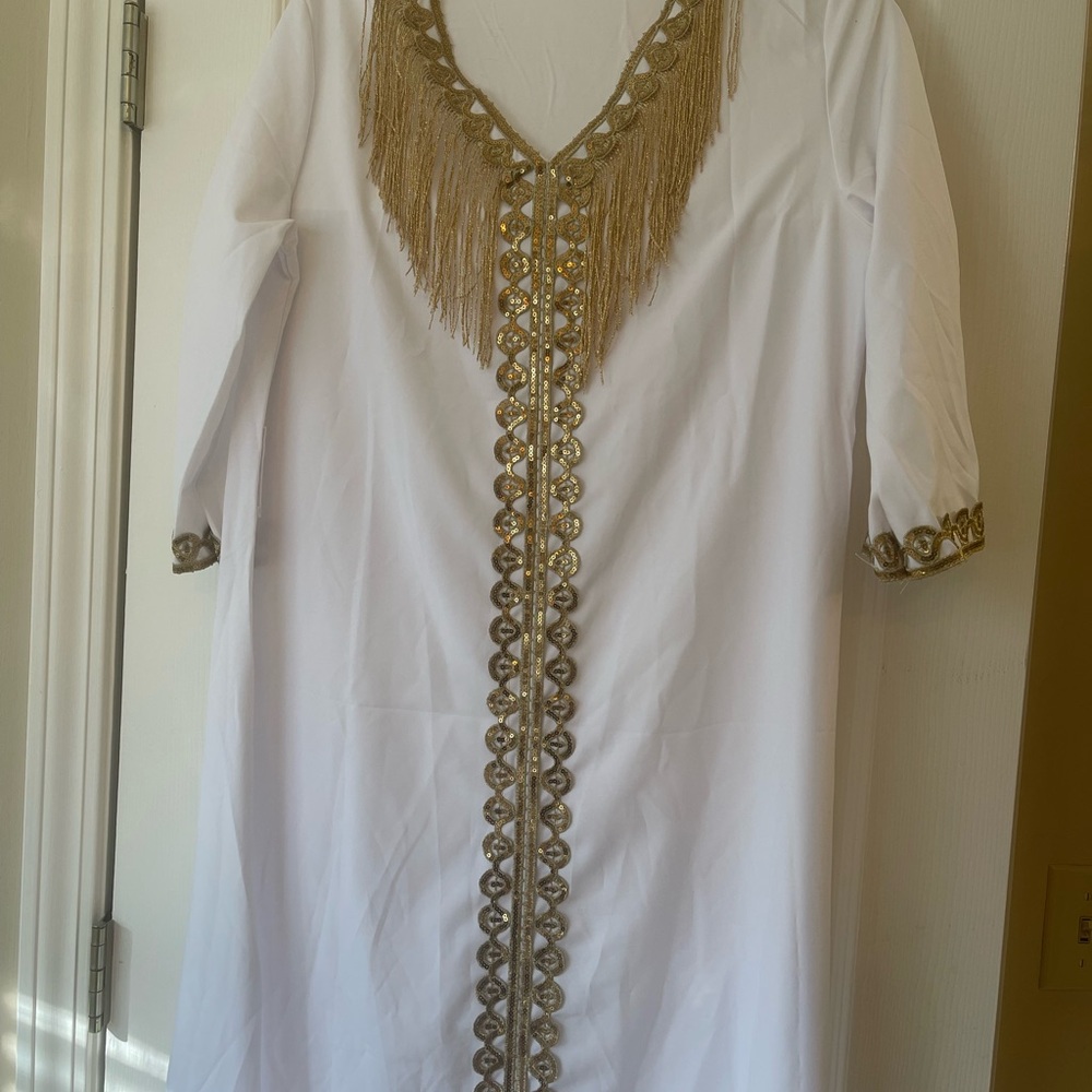 Source Unknown White Maxi Dress with Gold Fringe Trim - Picture 2 of 5